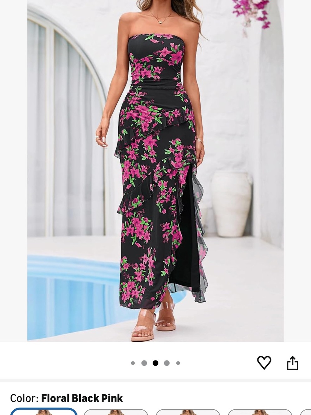 Amazon Floral Strapless Black and Pink Ruffle Maxi Dress
